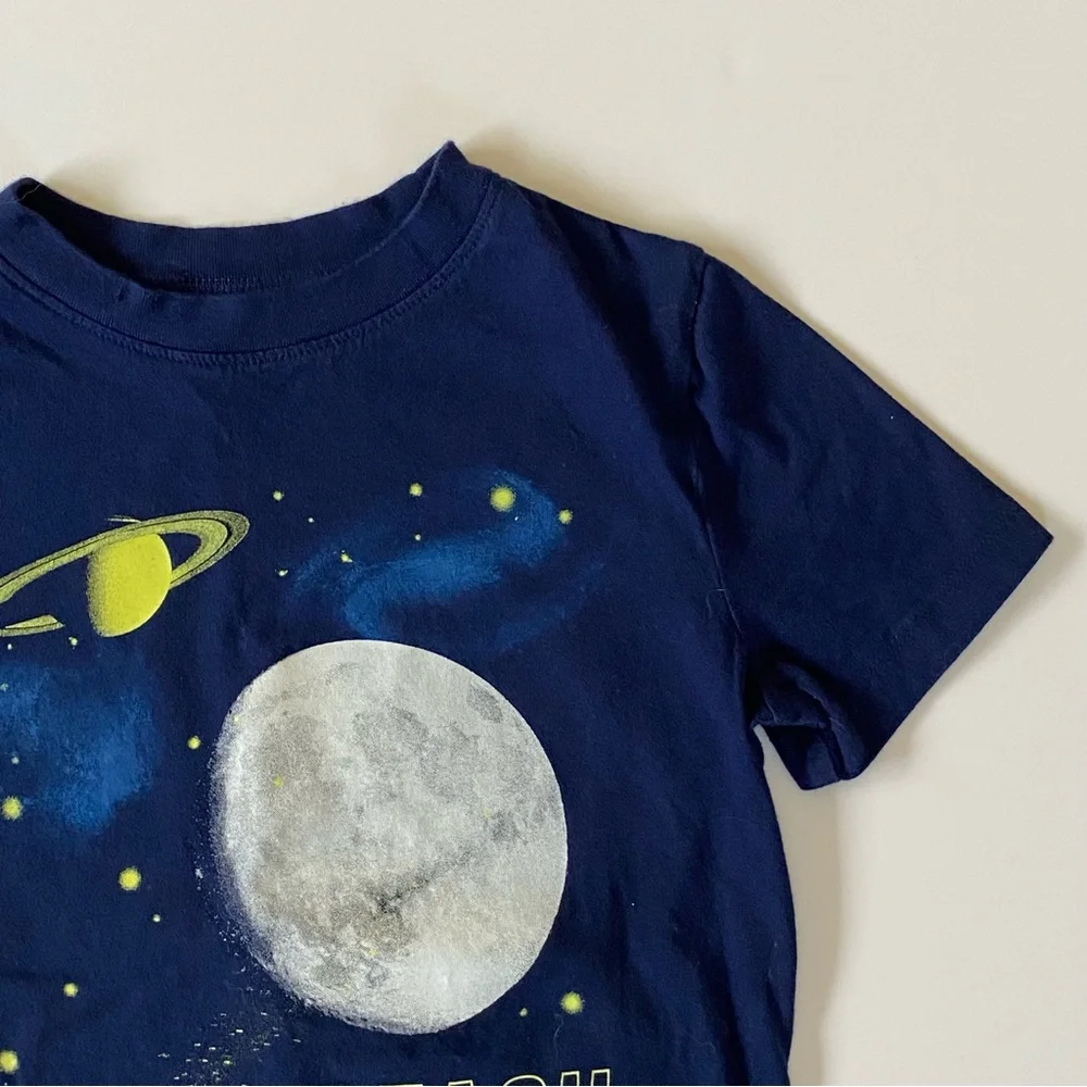 Lands’ End Space Shirt Size 5 6 Medium Navy Blue Short Sleeve planets moon stars